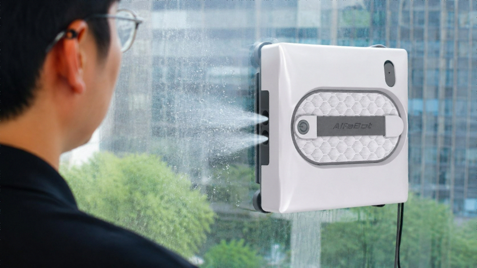 AlfaBot GLS480 window cleaning robot Amazon listing showing 5000Pa suction and 4-nozzle auto spray system