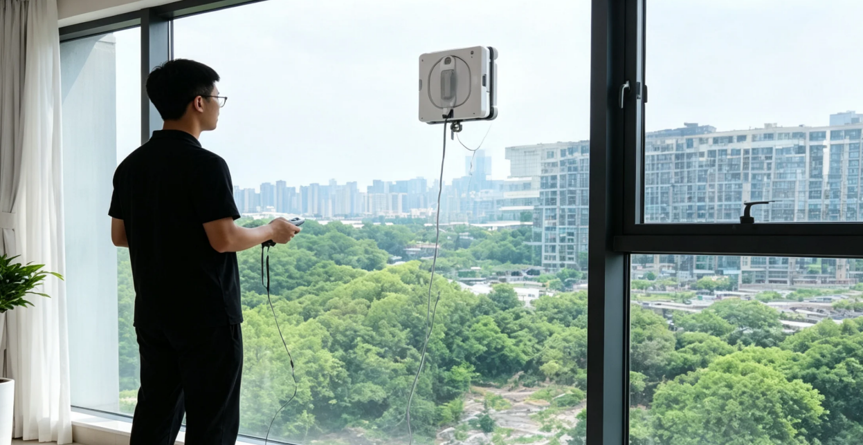AlfaBot GLS480 window cleaning robot Amazon listing showing 5000Pa suction and 4-nozzle auto spray system