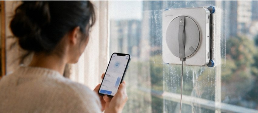 ECOVACS WINBOT W2S Omni window cleaning robot docked in its 6-in-1 multifunction station