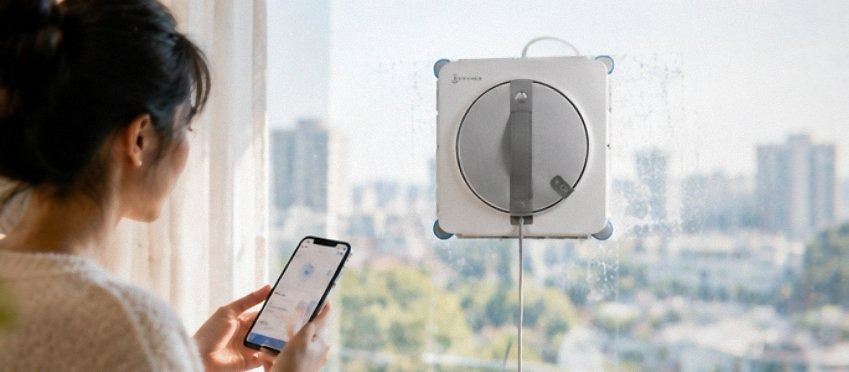 ECOVACS WINBOT W2S Omni window cleaning robot docked in its 6-in-1 multifunction station