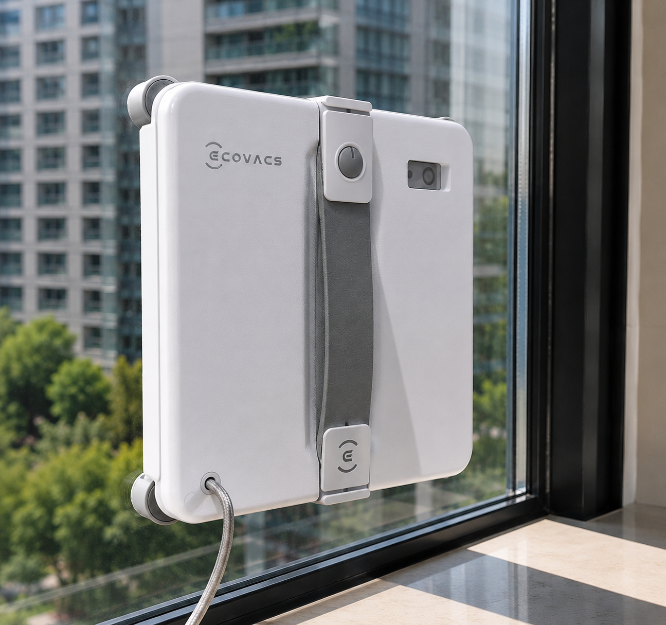 Window cleaning robot on a small bathroom mirror showing edge coverage