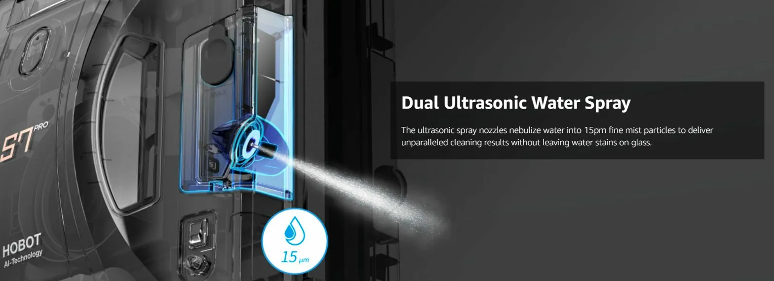 HOBOT S7 Pro dual ultrasonic water spray system atomizing water into 15μm mist particles
