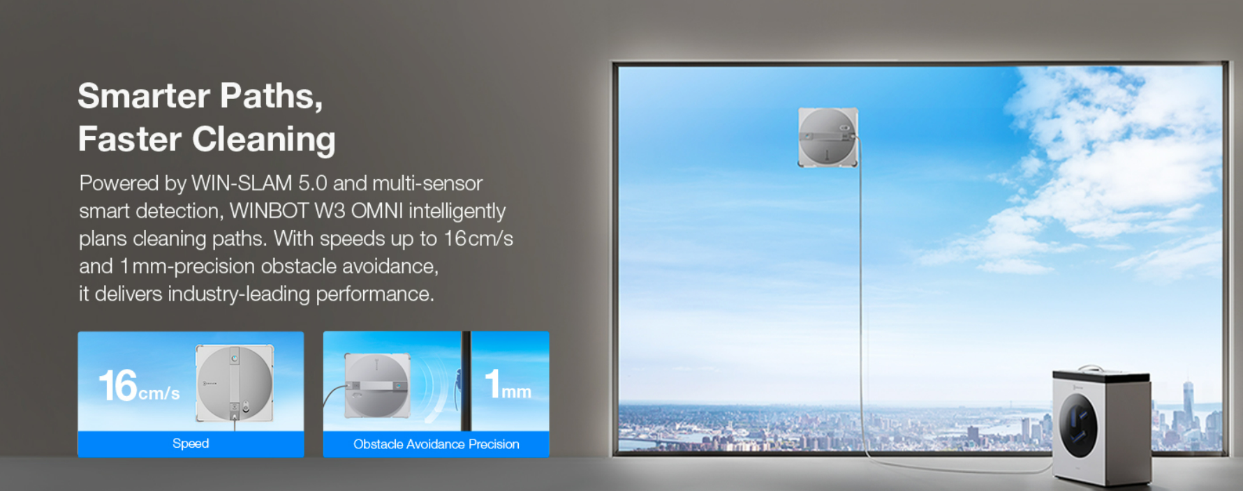WIN-SLAM 5.0 smarter paths faster cleaning 16cm/s speed 1mm obstacle avoidance precision