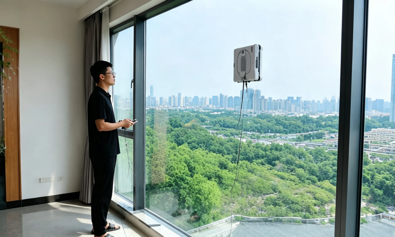 AlfaBot GLS480 window cleaning robot Amazon listing showing 5000Pa suction and 4-nozzle auto spray system