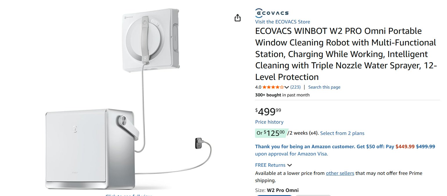ECOVACS WINBOT W2 Pro Omni Amazon listing showing $499.99 price, 4.0 stars from 223 reviews, 300+ bought in past month, and the portable station alongside the robot unit
