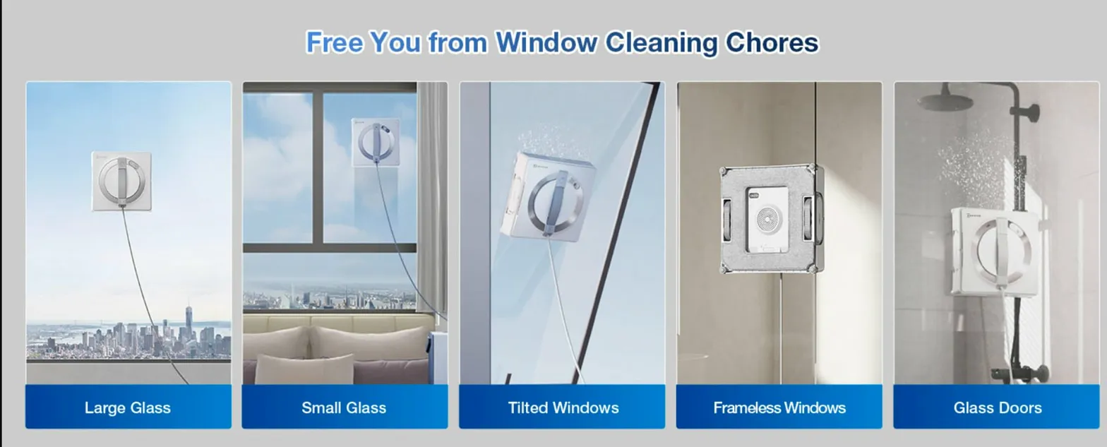 Ecovacs Winbot W2 Pro Omni on large glass, small windows, tilted windows, frameless glass and glass doors