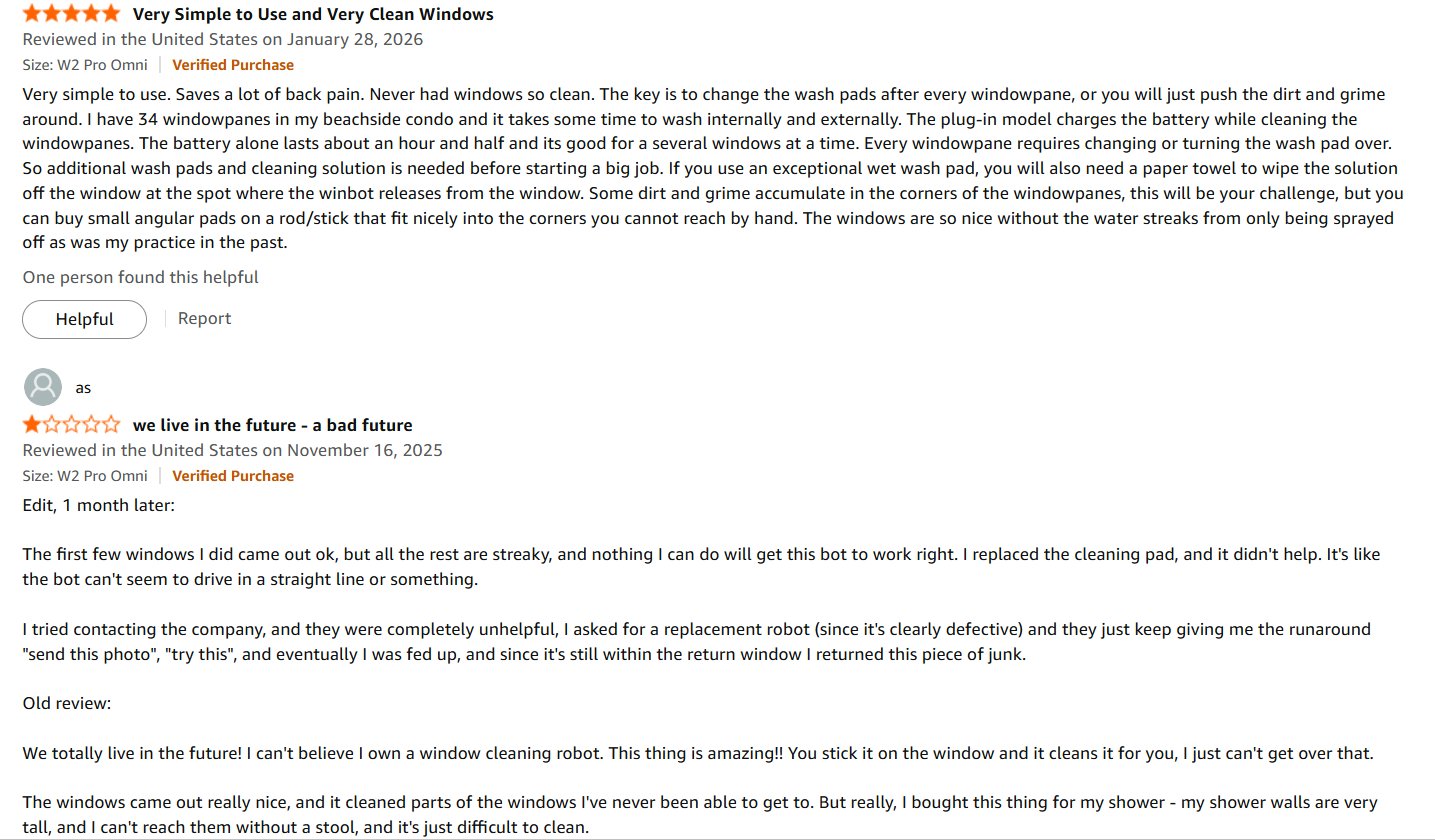 ECOVACS WINBOT W2 Pro Omni Amazon verified purchase reviews showing a 5-star review from a buyer with 34 windows at a beachside condo, and a 2-star review describing persistent streaking that worsened after initial use