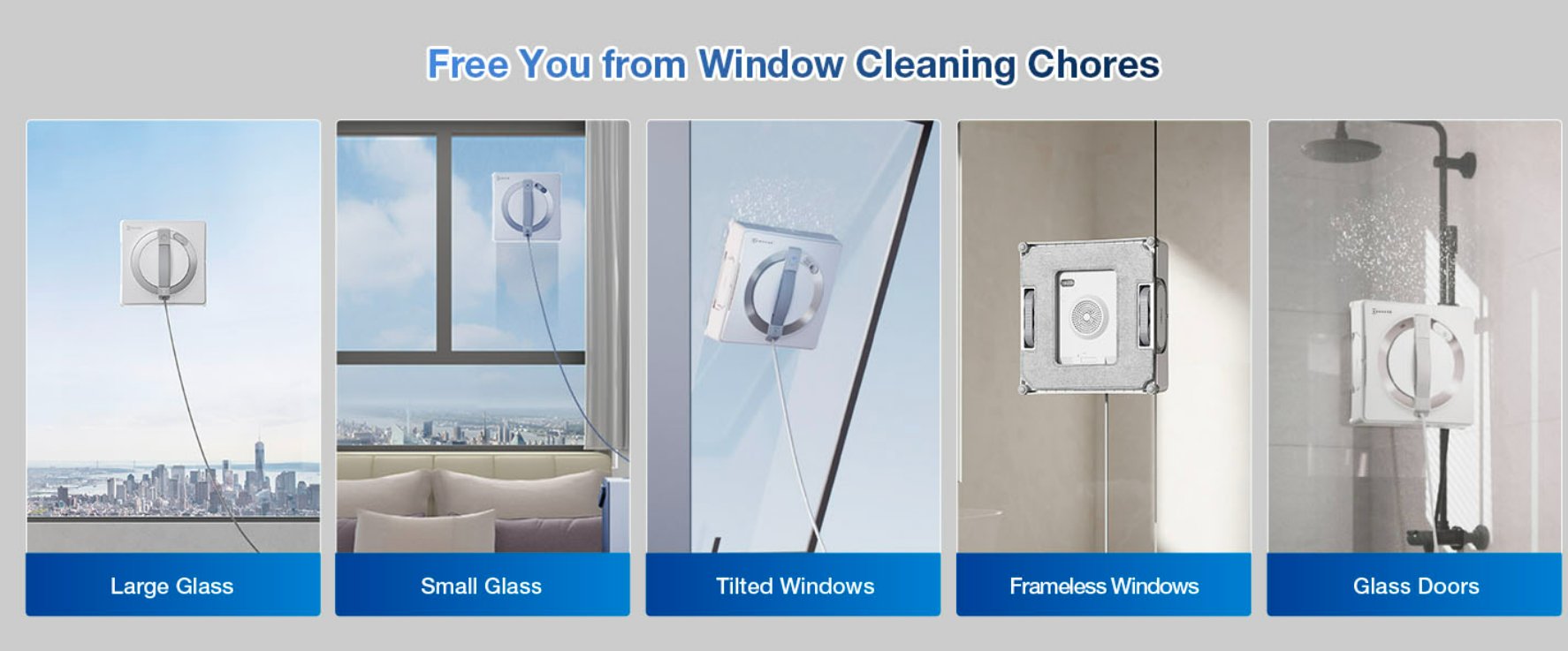 ECOVACS WINBOT W2 Pro Omni shown operating on five glass types: large glass, small glass, tilted windows, frameless windows, and glass doors, with a callout showing it works with or without a socket
