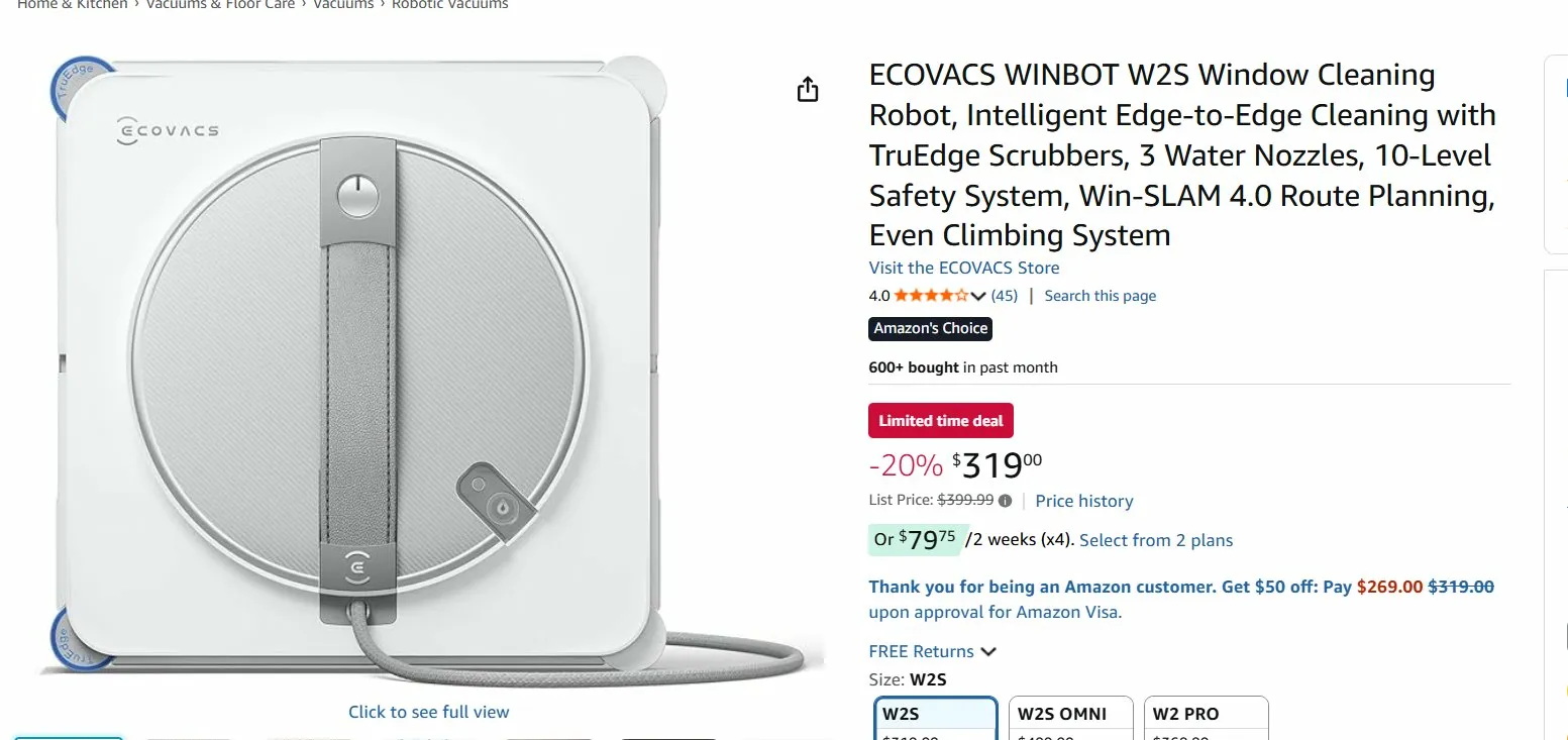 ECOVACS WINBOT W2S product listing on Amazon showing the robot's front view, Amazon's Choice badge, 4.0-star rating from 45 reviews, and a sale price of $319 reduced from $399.99