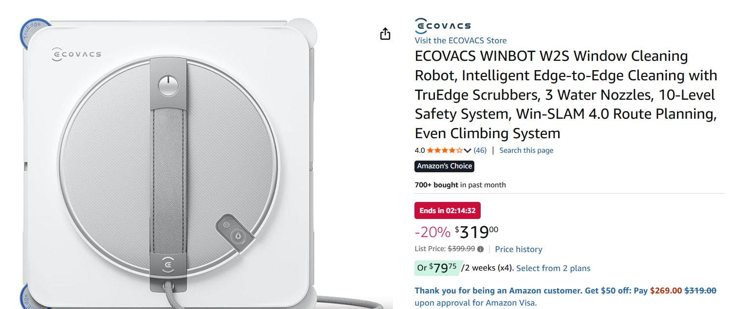ECOVACS WINBOT W2S Amazon listing showing Amazon's Choice badge, 700+ bought in past month, and the limited time deal price of $319 reduced from $399.99