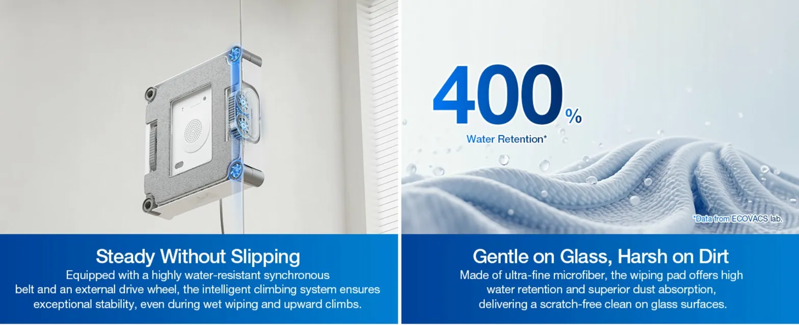 WINBOT W2S mounted on a wall showing its water-resistant synchronous belt and external drive wheel system for stable upward movement, alongside a close-up of the ultra-fine microfiber wiping pad fabric with a callout showing 400% water retention