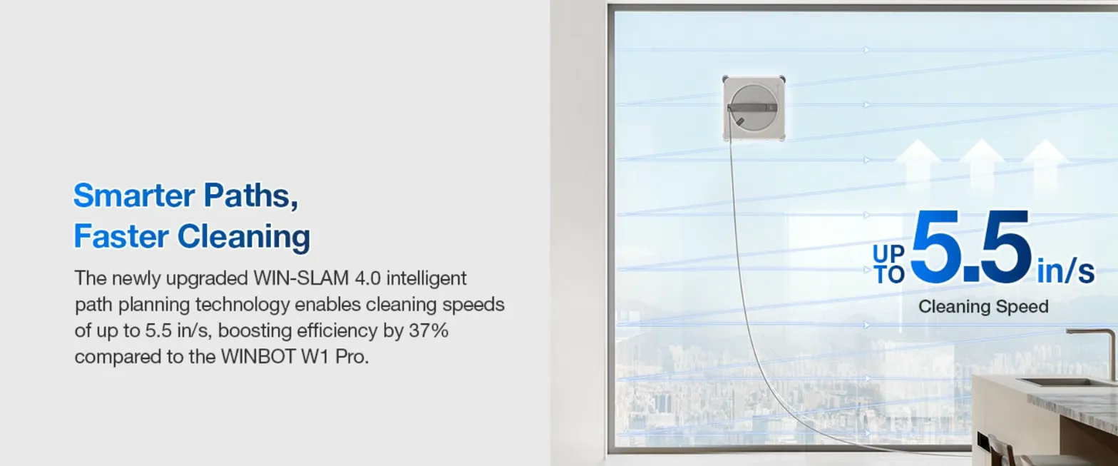 WINBOT W2S navigating a large floor-to-ceiling window with trajectory lines showing its path planning, and a stat callout showing cleaning speed of up to 5.5 inches per second