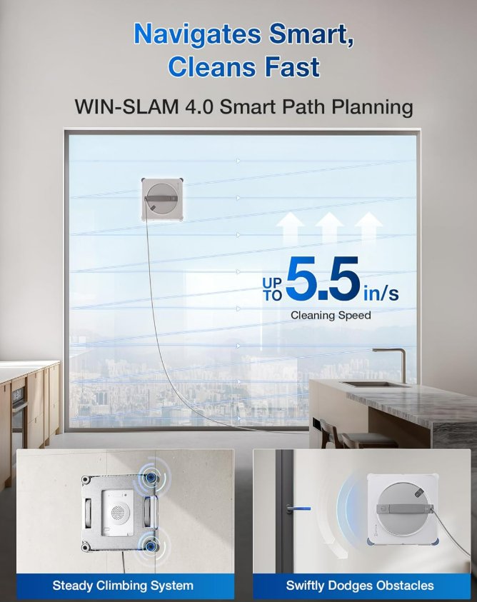 ECOVACS WINBOT W2S WIN-SLAM 4.0 path planning showing cleaning speed up to 5.5 inches per second navigating a large floor-to-ceiling window with the steady climbing system and obstacle dodging insets