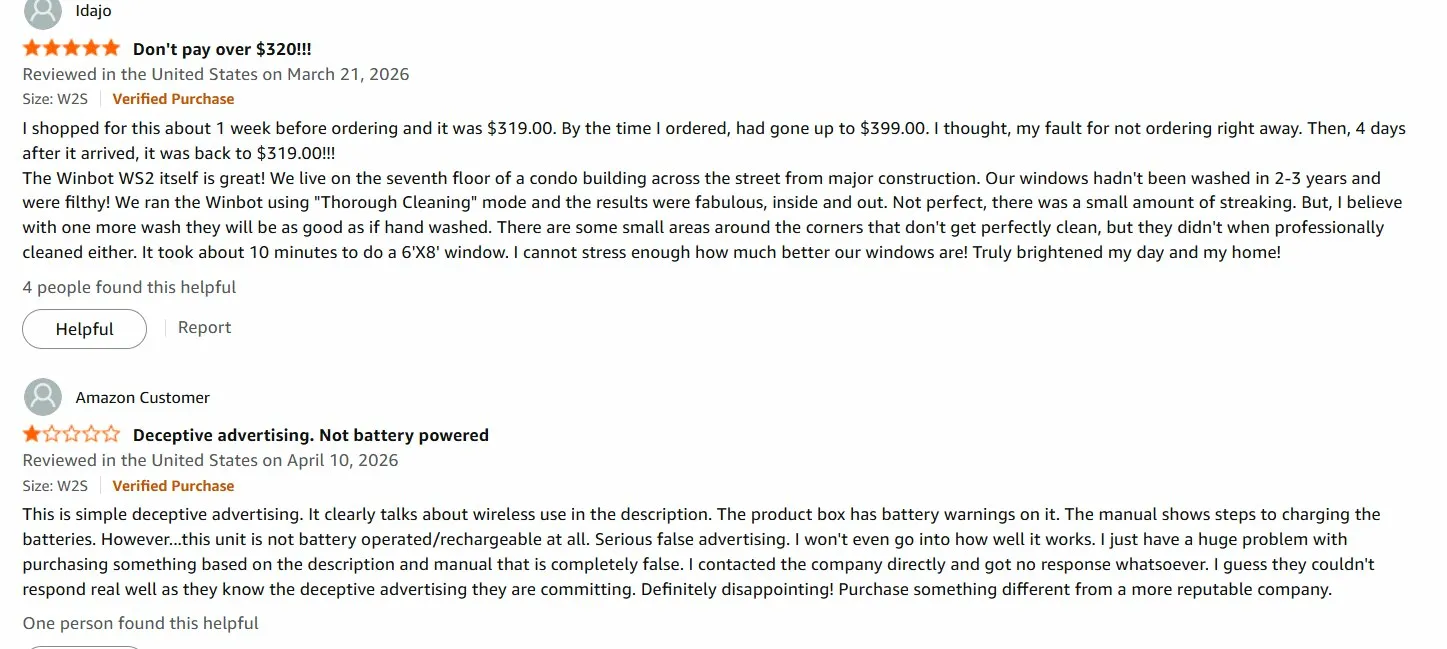 Two contrasting Amazon reviews: a 5-star review praising ease of use and edge cleaning performance from February 2026, and a 2-star review complaining about deceptive advertising regarding battery operation