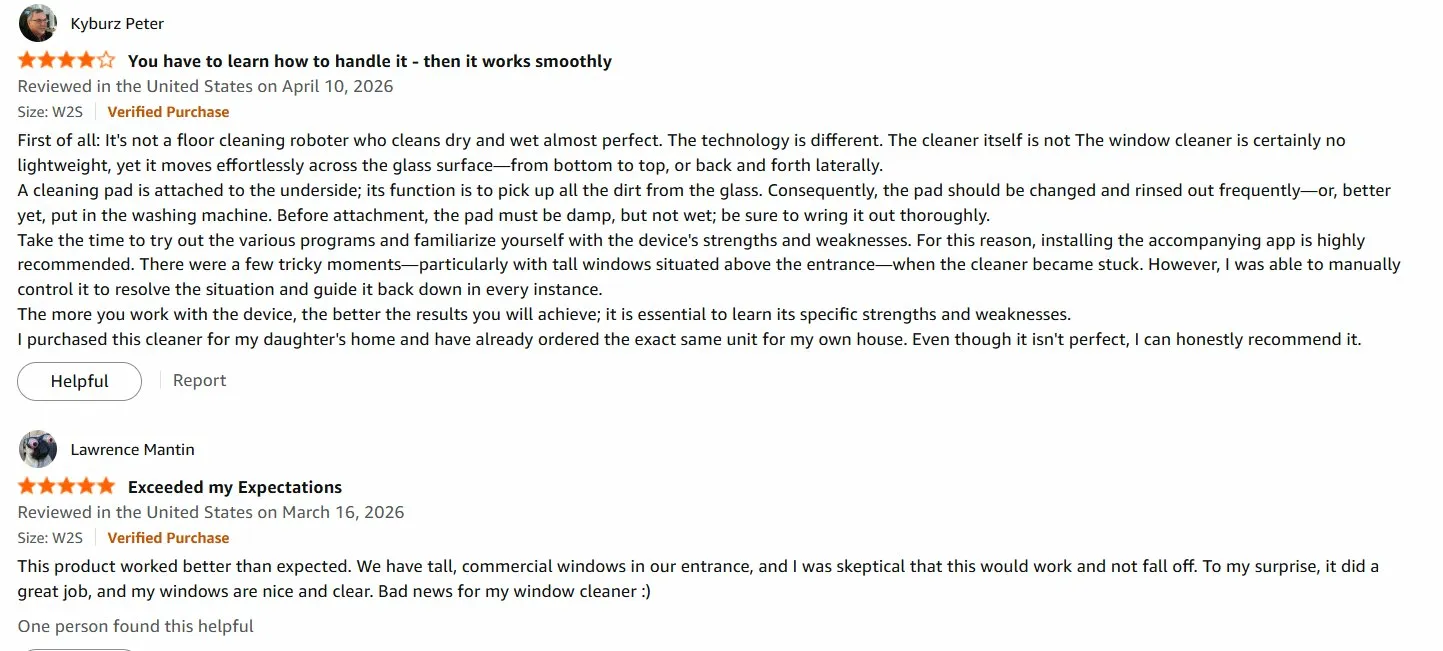 Two more Amazon verified purchase reviews: a 4-star review emphasizing the learning curve and recommending the app for manual control, and a 5-star review from someone who used it on tall commercial entrance windows and was pleasantly surprised