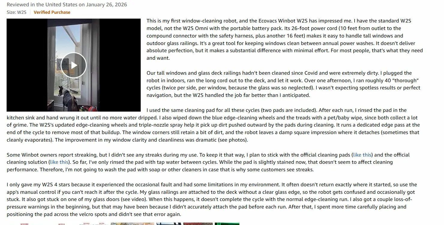 Detailed Amazon verified purchase review from January 2026 with before-and-after photos of exterior windows and glass deck railings, describing the user's experience running 40 cleaning cycles on heavily soiled glass