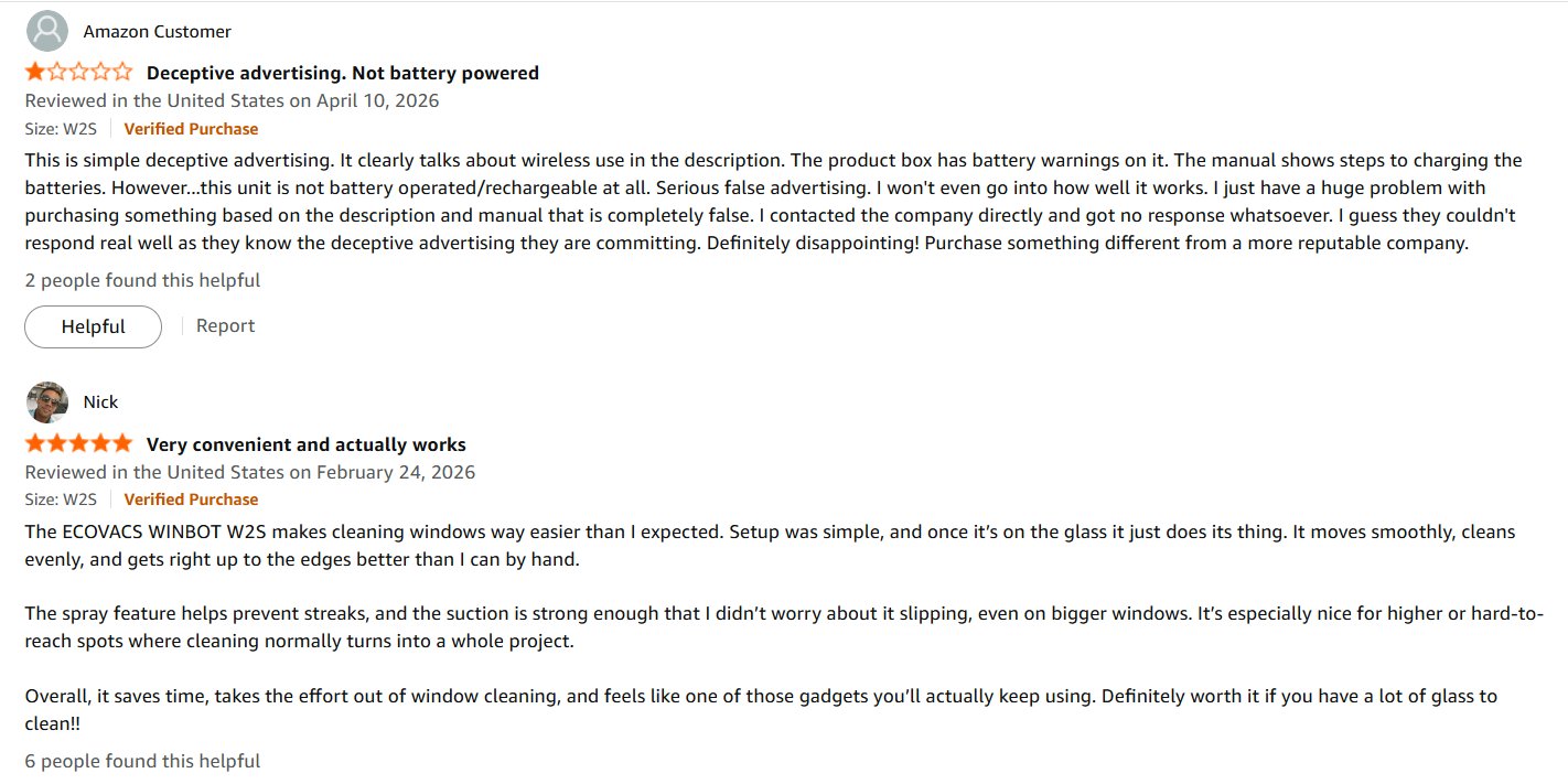 ECOVACS WINBOT W2S Amazon verified purchase reviews including a 2-star complaint about corded-only operation being misunderstood as wireless, and a 5-star review praising ease of use and edge cleaning on hard-to-reach spots
