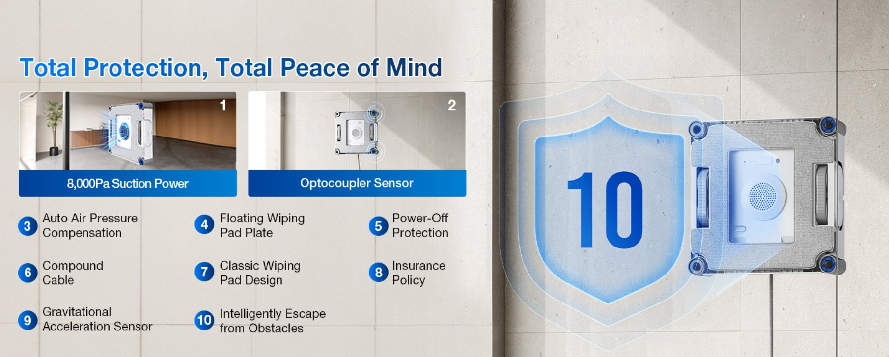 ECOVACS WINBOT W2S 10-level safety protection system showing 8,000Pa suction and optocoupler sensor as primary layers, plus auto air pressure compensation, floating wiping pad, power-off protection, compound cable, gravitational sensor, and intelligent obstacle escape