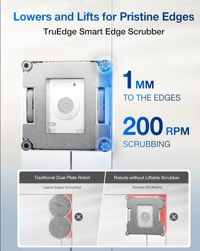 ECOVACS WINBOT W2S TruEdge Smart Edge Scrubber showing the liftable scrubber reaching within 1mm of window edges at 200 RPM, with comparison showing traditional dual-plate robots leaving edges untouched and robots without liftable scrubbers spreading dirt