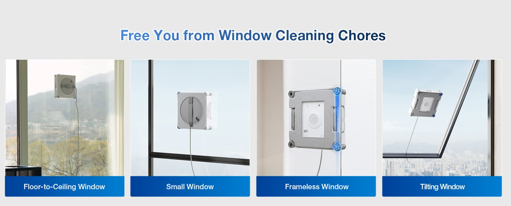 ECOVACS WINBOT W2S shown operating on four glass types: floor-to-ceiling window, small window, frameless window, and tilting window, each with a blue caption label