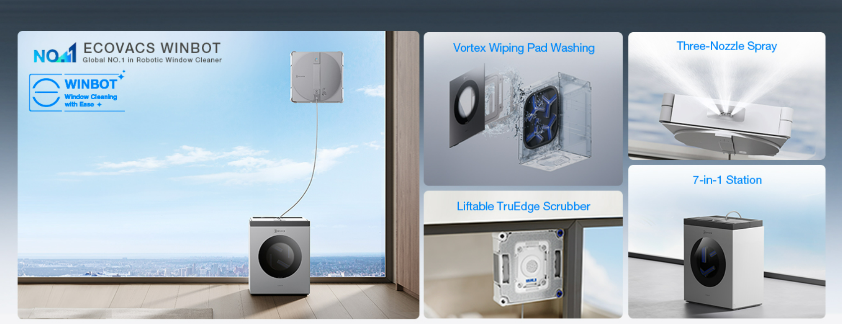 ECOVACS WINBOT global No.1 robotic window cleaner vortex wiping pad washing three-nozzle spray liftable TruEdge scrubber 7-in-1 station